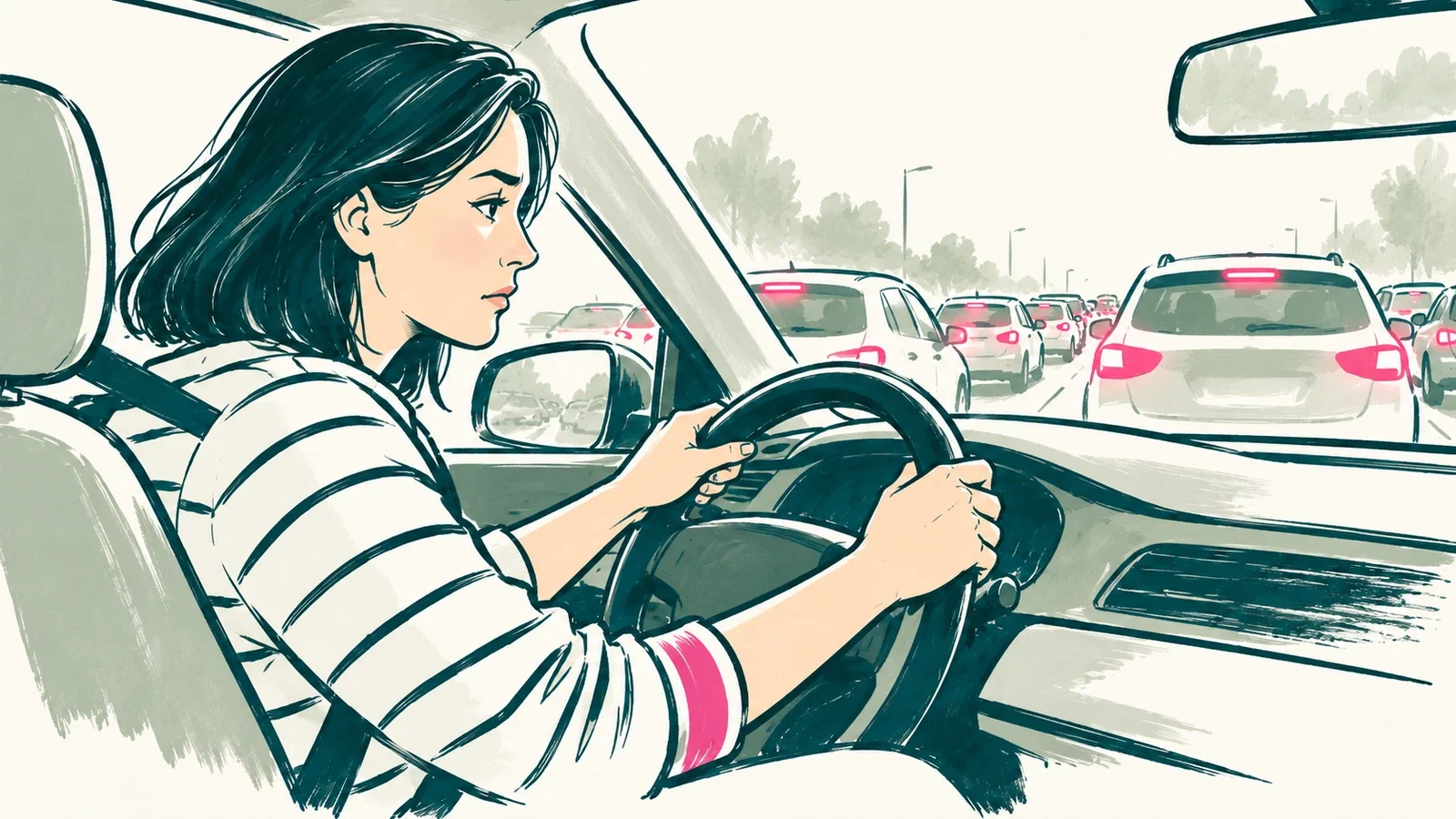 A woman stuck in traffic gripping the steering wheel, with a line of red brake lights ahead