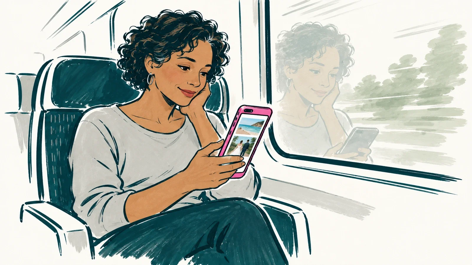 A woman on a train scrolling through photos of beaches and weddings on her phone, her own reflection faint in the window