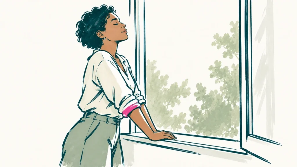 A woman standing at an open window with her hands on the sill, taking a deep breath after an argument