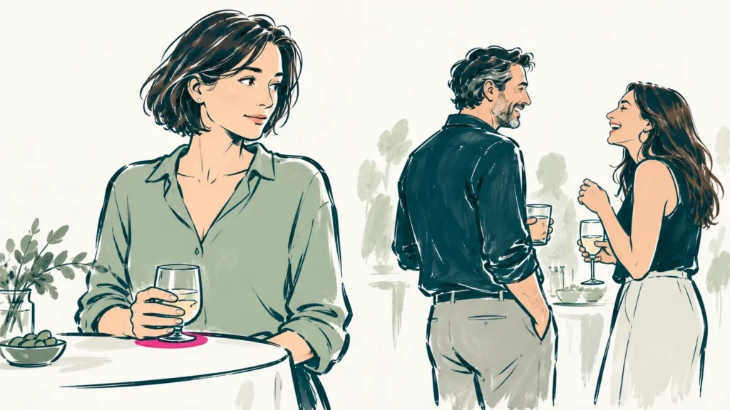 A woman at a party holding a glass and glancing across the room at her partner laughing with a friend