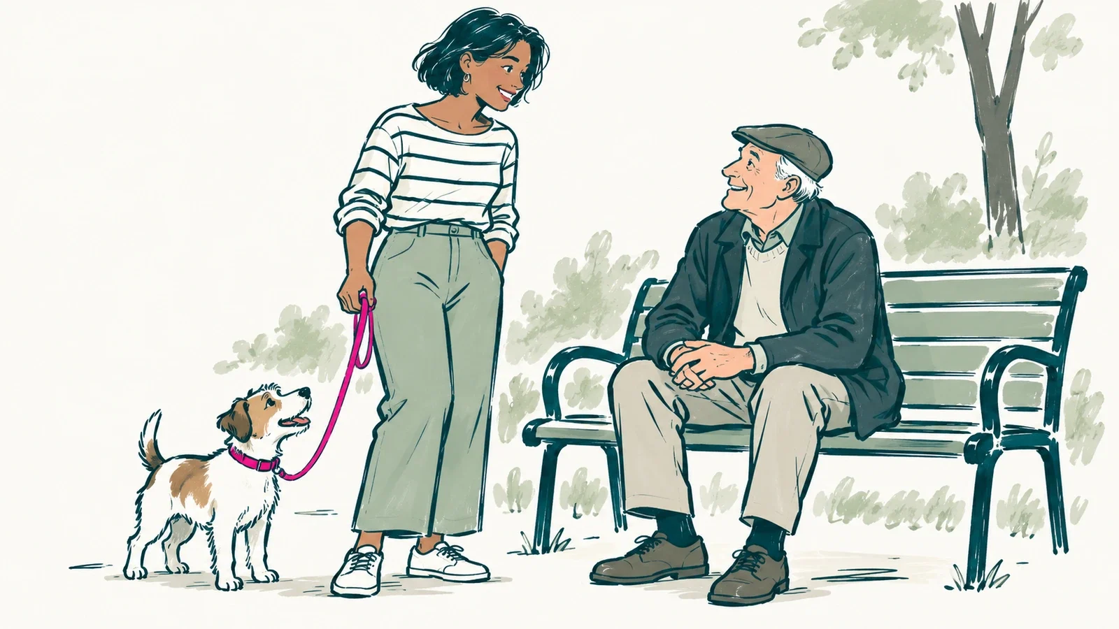 A woman walking a dog in a park, smiling as she stops to talk with an older man on a bench
