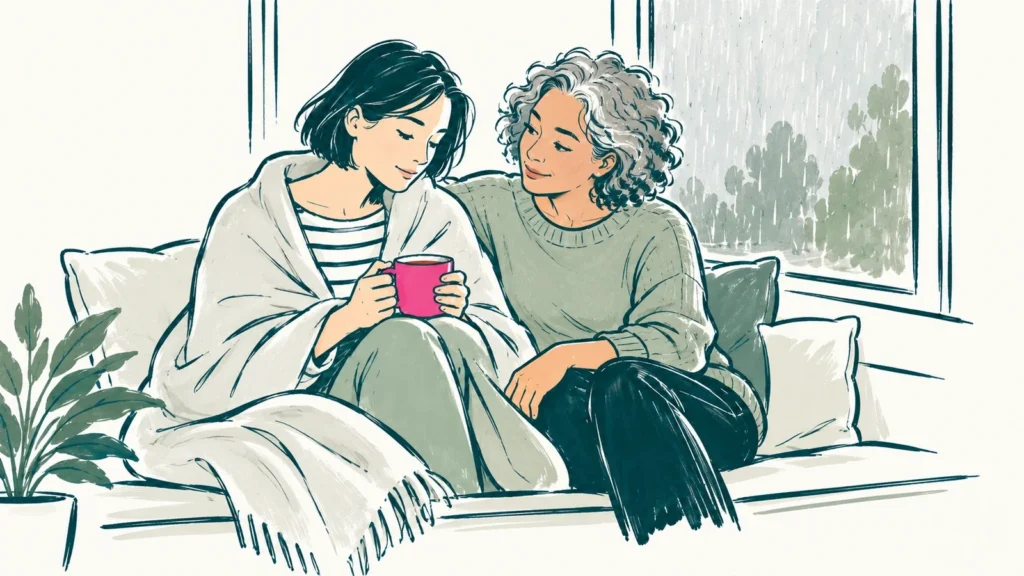 A woman wrapped in a blanket on a window seat on a rainy afternoon, holding a mug while a friend sits close beside her