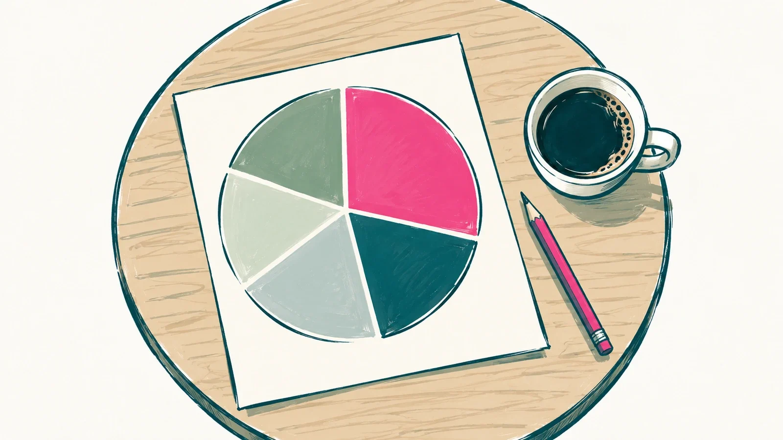 A circular chart of soft colored segments on a wooden table, with a pencil and a cup of coffee beside it