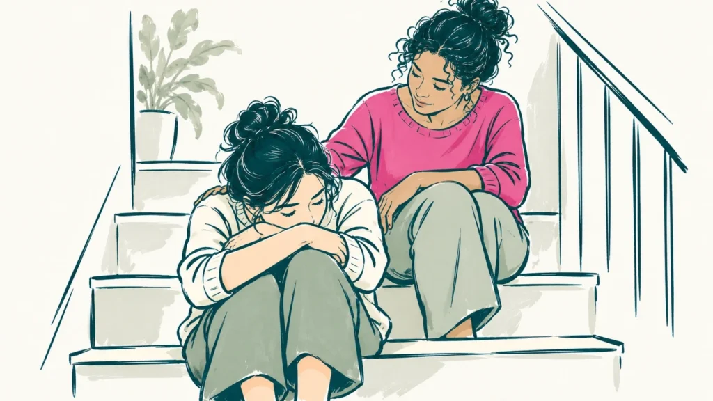 A woman sitting on stairs at home with her head resting on her knees while a friend sits a step above, hand on her shoulder