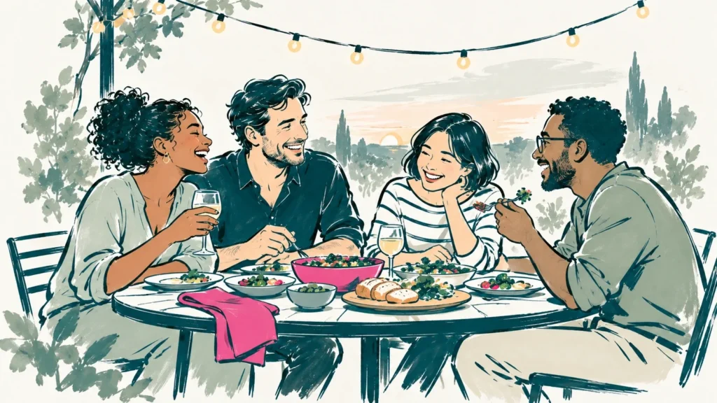 Friends laughing together around an outdoor table at sunset, sharing food under strings of warm lights