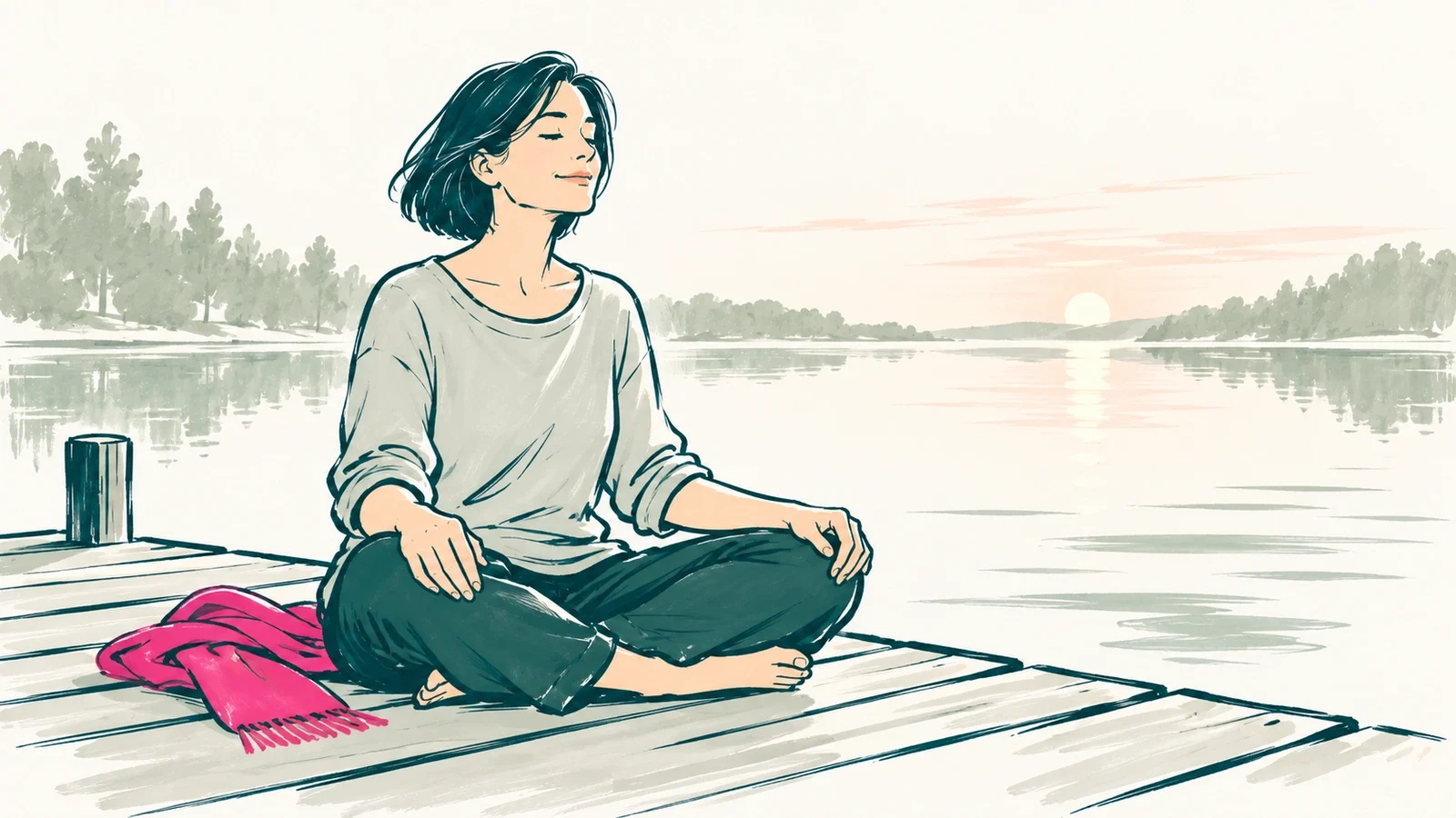 A woman sitting cross-legged on a wooden dock by a still lake at dawn, eyes closed and hands resting on her knees