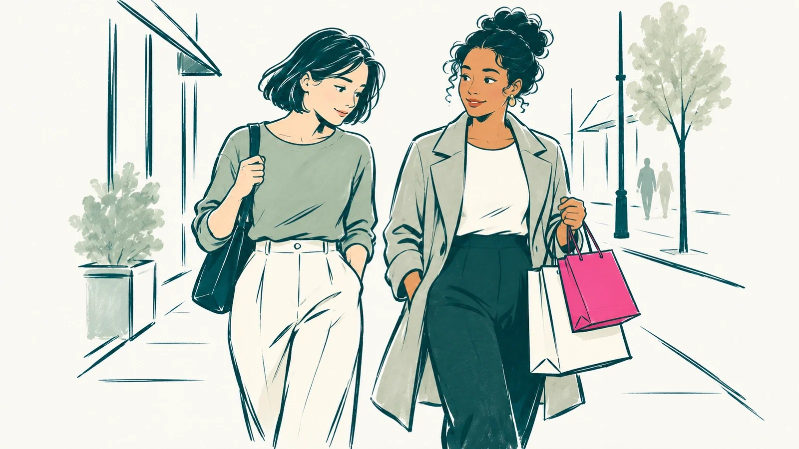 Two women walking side by side on a city street, one glancing at the other's shopping bags with a wistful look