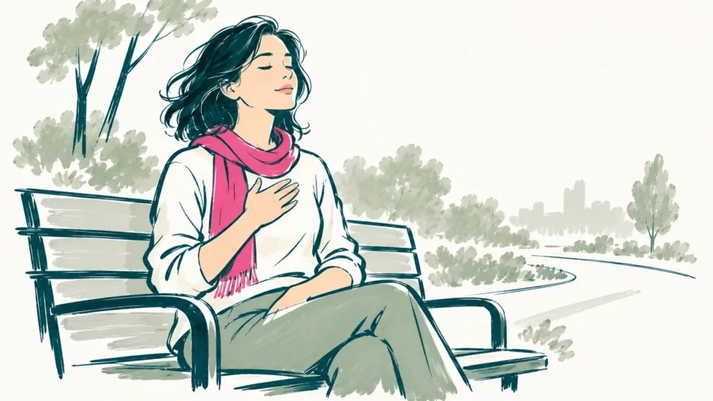 A woman sitting on a park bench with her eyes closed and one hand on her chest, breathing slowly in the early morning