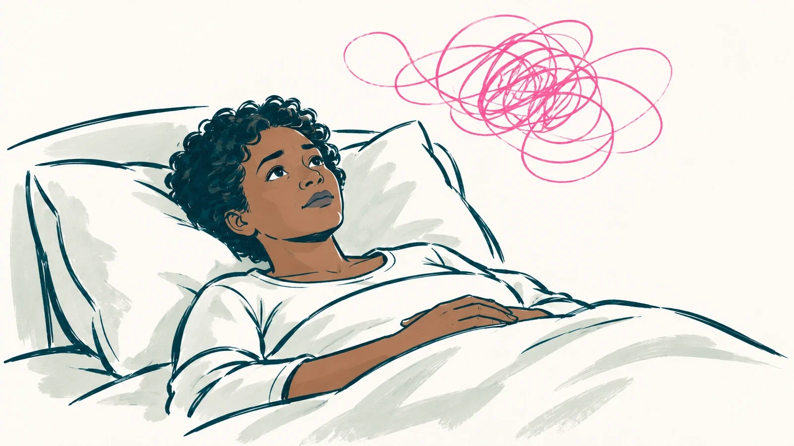 A woman lying awake in bed at night, staring at the ceiling with a tangle of thin light lines above her