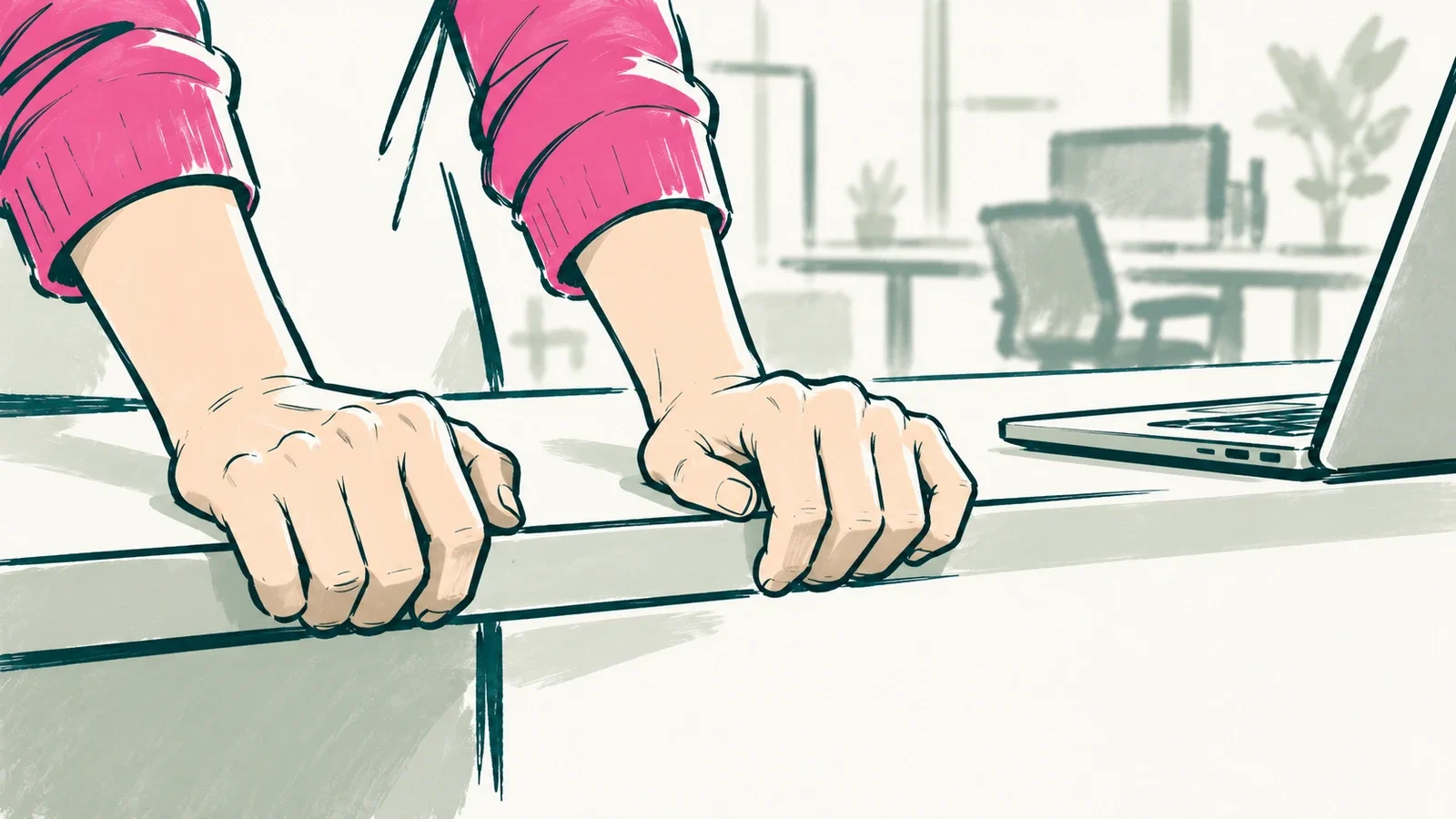 Close-up of hands gripping the edge of a desk next to a laptop, with a blurred office in the background