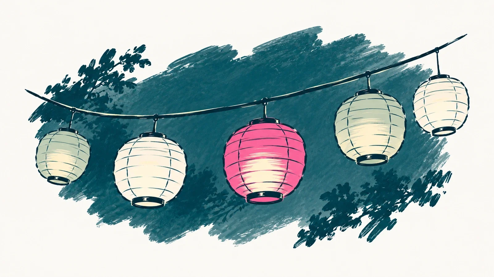 A row of simple paper lanterns in different colors glowing softly against a dusk sky