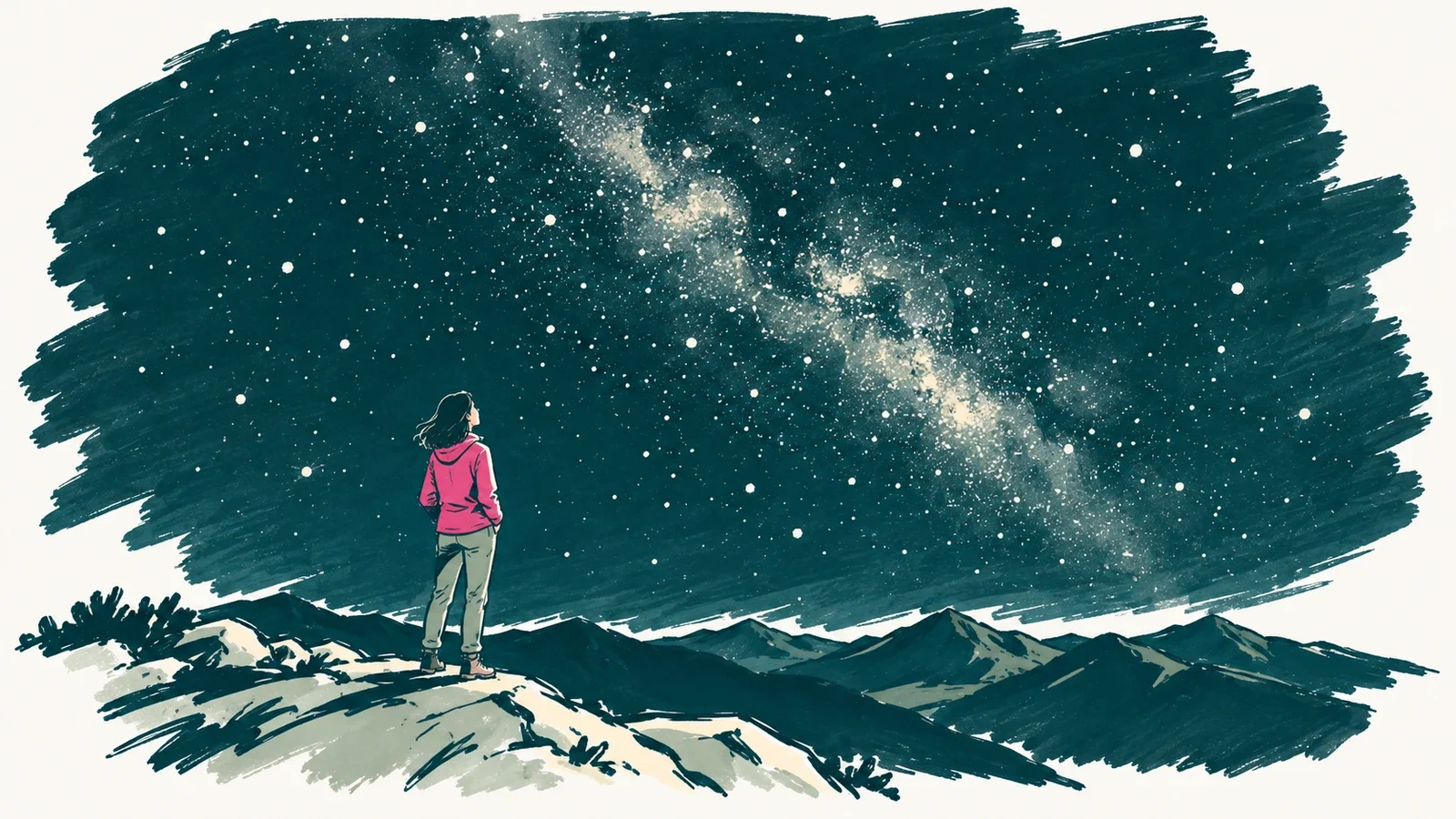 A small figure standing under a vast night sky full of stars and the Milky Way above a dark mountain ridge